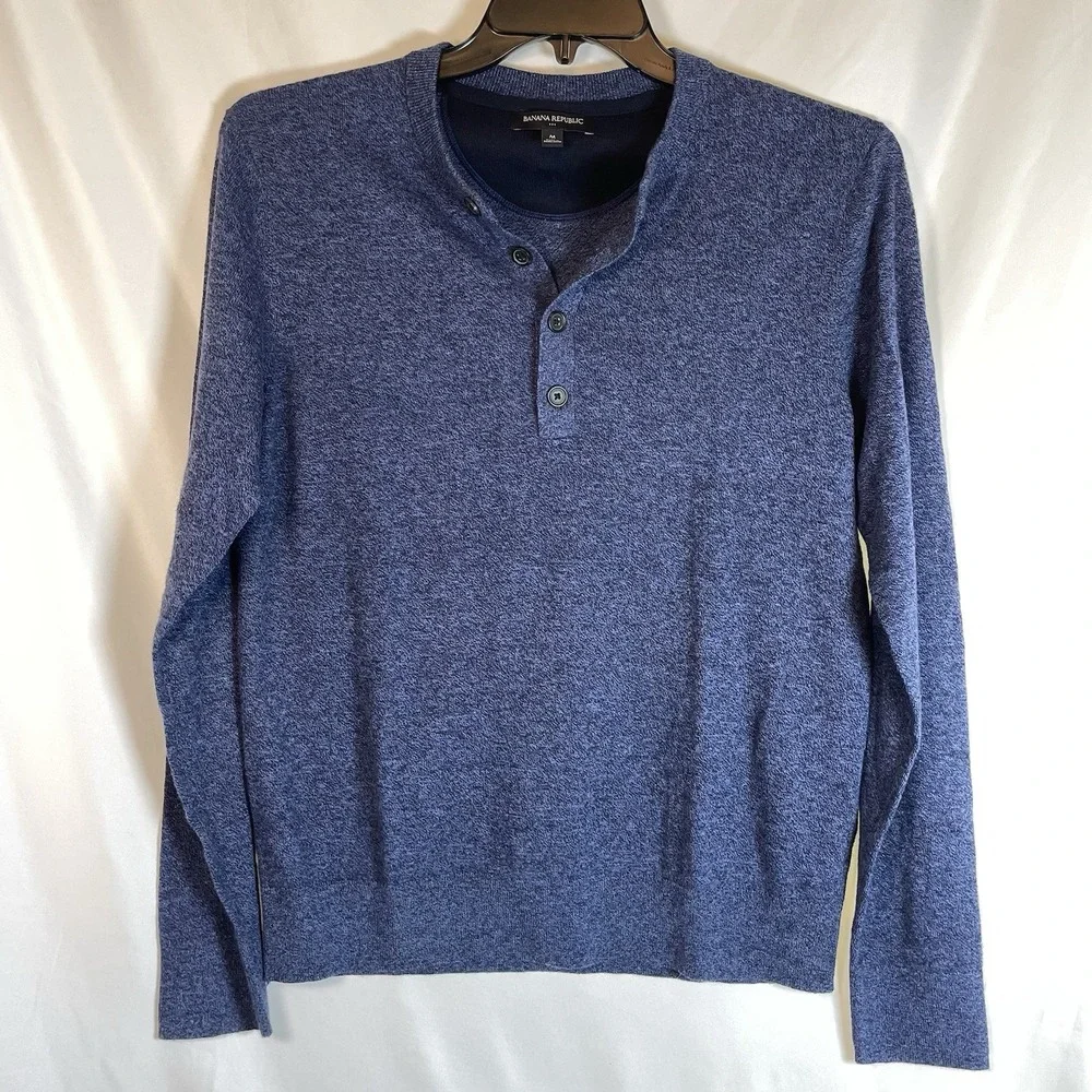 Banana Republic Henley Shirt Medium 100% Cotton Heathered Navy Blue Button-front